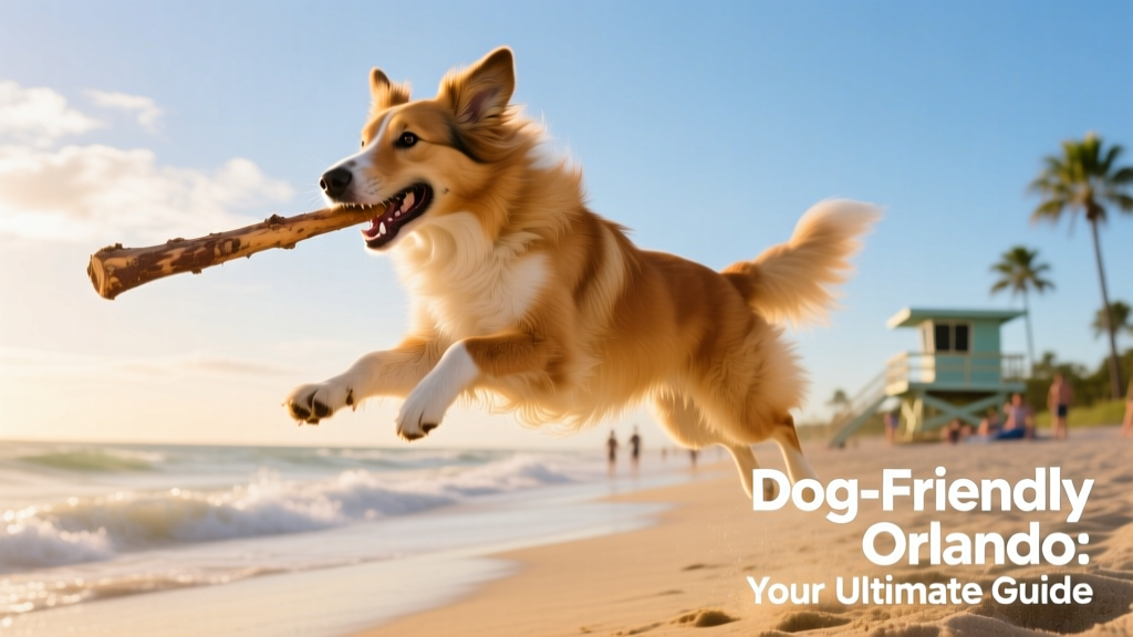 A collie mid-leap, catching a stick in the air on a sunny Orlando beach