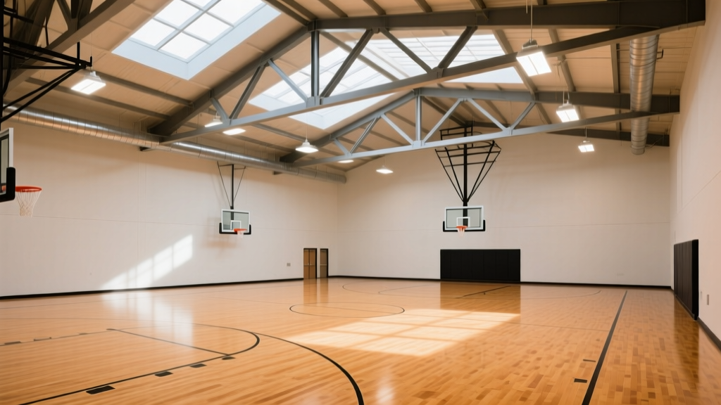 Wide-angle interior view of a newly constructed basketball gymnasium featuring maple hardwood flooring, exposed steel trusses, and high-bay LED lighting