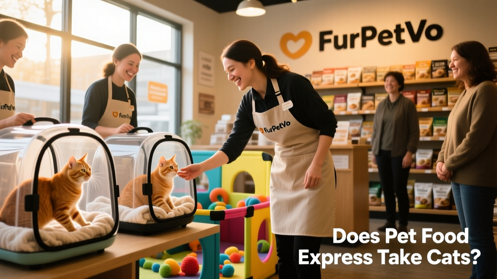 A FurPetVo store hosting a cat adoption event with volunteers and adoptable cats in carriers and play pens