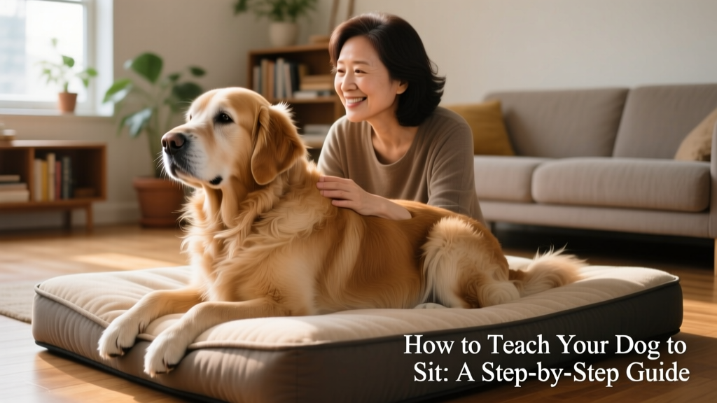 An older dog sitting comfortably on a plush orthopedic bed, owner offering gentle praise