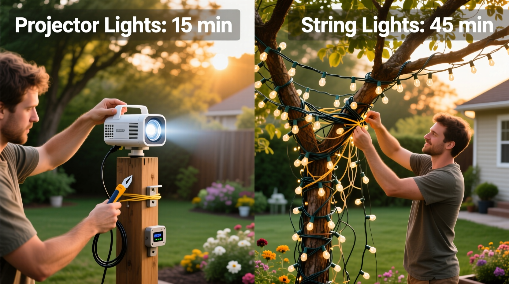 outdoor projector lights vs string lights installation speed compared