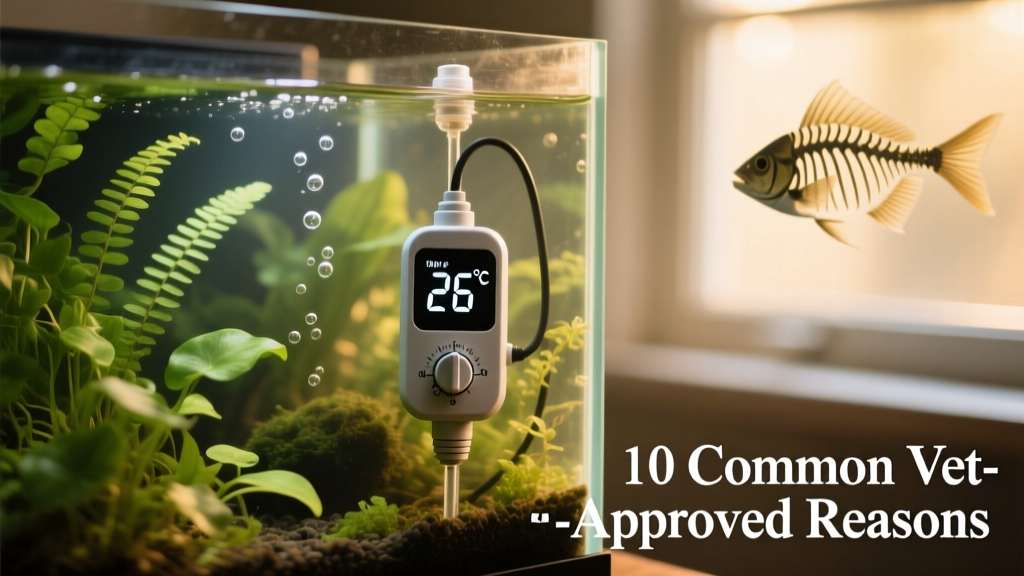 Close-up of a digital aquarium thermometer and adjustable submersible heater inside a planted betta tank