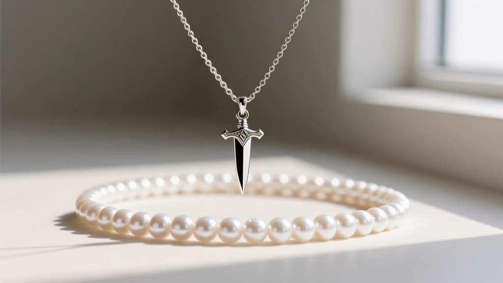 A layered necklace setup featuring a small silver dagger pendant on a 1.5mm box chain paired with a 14-inch pearl choker.