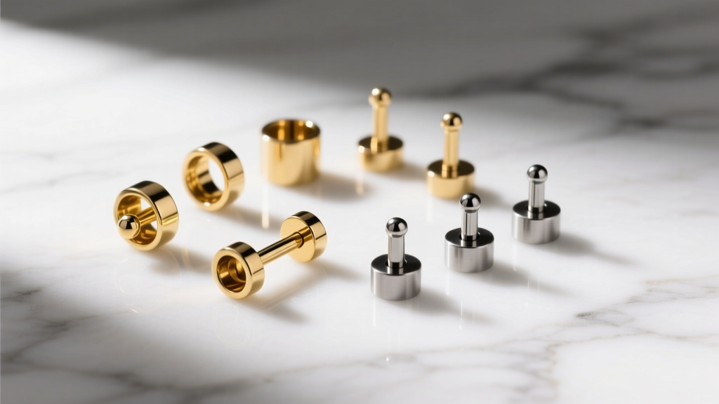 Velvet boxes revealing 14k gold threadless body jewelry ends and titanium labret posts resting on a clean white marble surface
