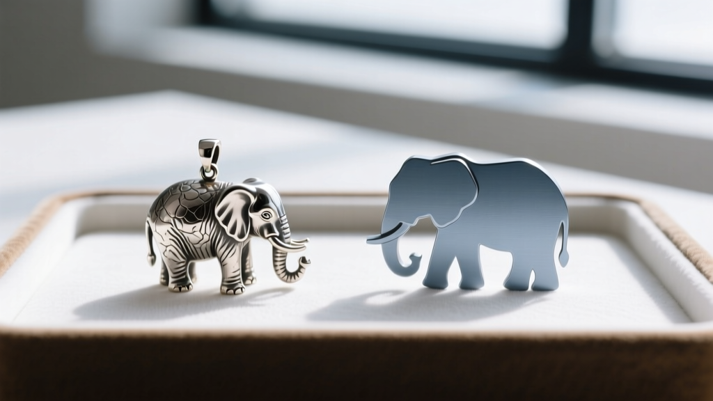Macro comparison of a cast sterling silver elephant charm and a CNC-milled titanium elephant silhouette on a jeweler