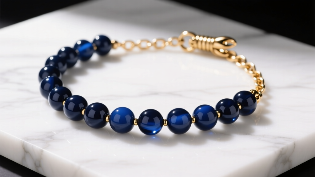 Macro shot of a navy blue resin bauble necklace on white marble, showing the gold-tone brass chain links and lobster clasp.