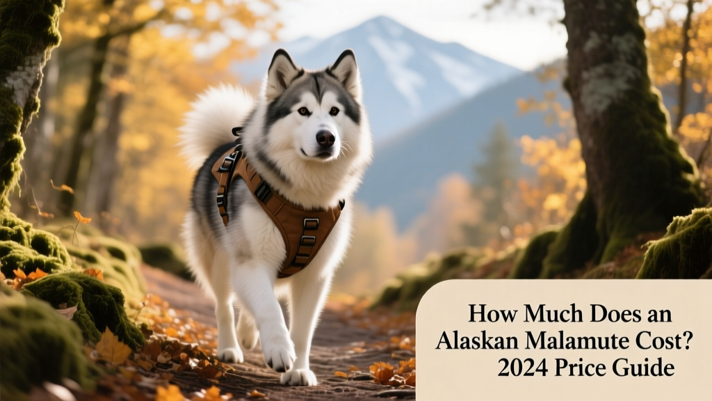 An Alaskan Malamute wearing a sturdy harness and walking confidently on a forest trail
