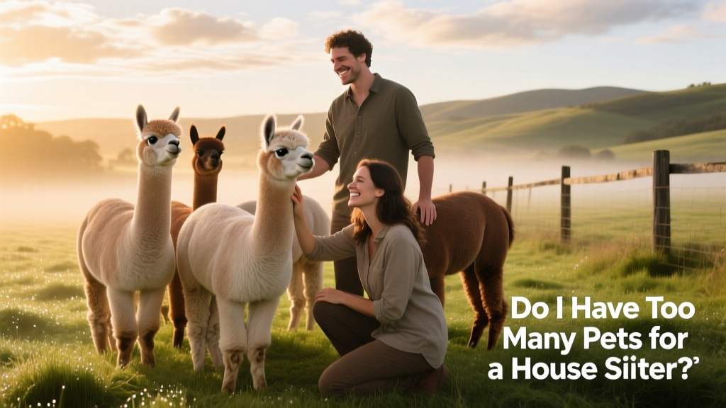 Sitters Silvi and Lucas smiling while gently interacting with a group of calm alpacas in a pasture