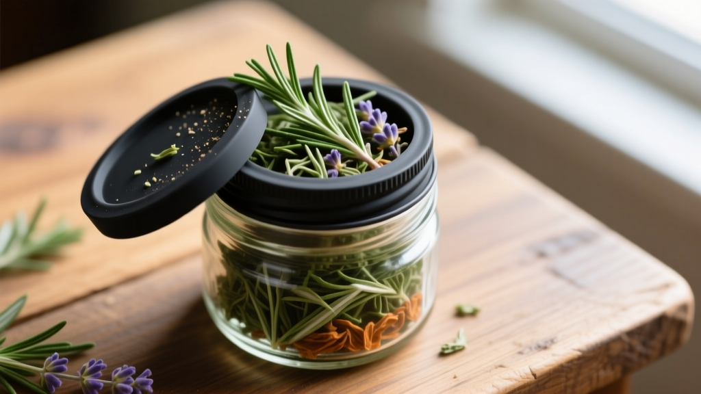 Overhead view of a silicone jar opening grip mat twisting off a tight glass mason jar lid with dried herbs inside on a wooden table