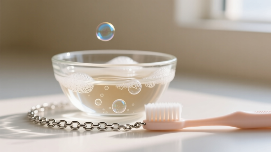 Small glass bowl with warm soapy water and a soft-bristled baby toothbrush gently scrubbing a tarnished sterling silver toe chain.