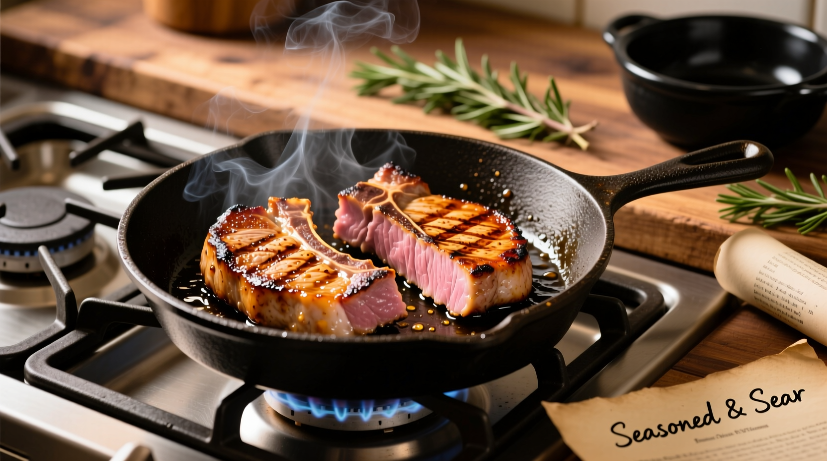 Perfectly seared pork chops on stove top