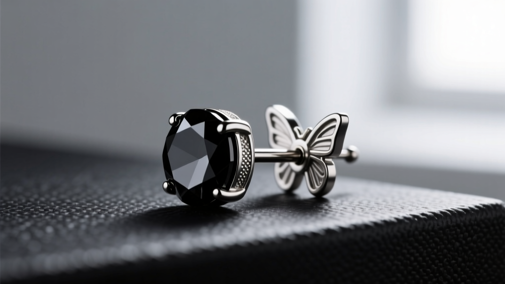 Side profile of a 20-gauge titanium post and butterfly backing on a black crystal stud earring, showing the secure friction fit.