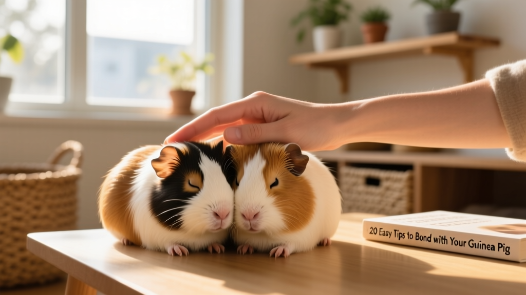 Two guinea pigs nestled together peacefully, with a human hand gently resting nearby—symbolizing calm coexistence and mutual trust