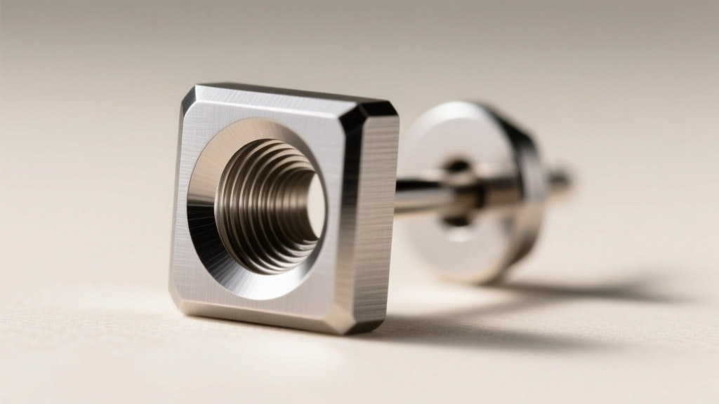 Extreme close-up of a 16-gauge titanium flat-back earring post with a square front, showing the internal threading mechanism