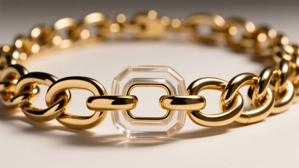 Macro close-up of a heavy brass and lucite statement necklace clasp, showing a reinforced magnetic closure and thick 4mm chain.