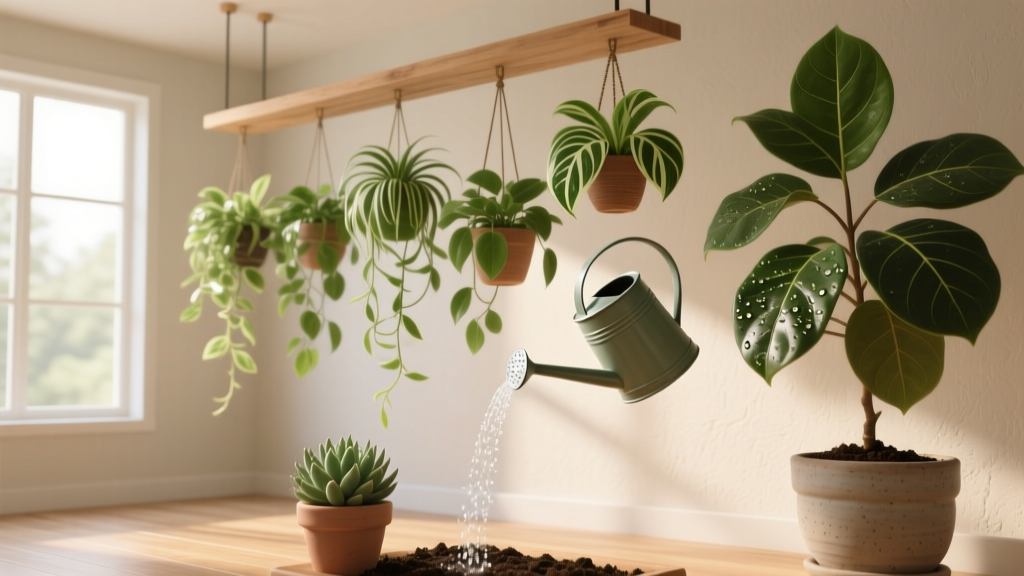 Watering Indoor Hanging Plants in Bright Light