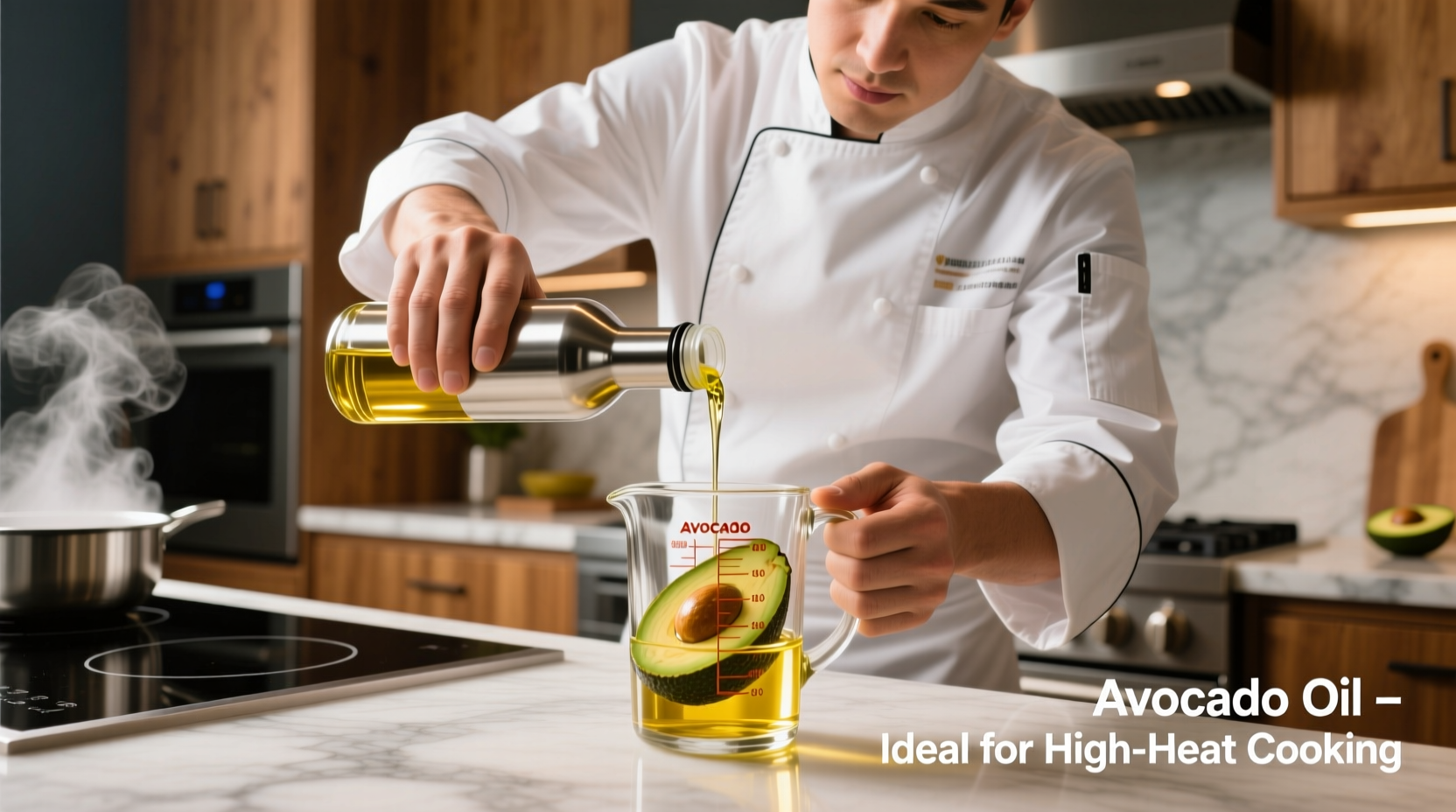 Chef measuring avocado oil for high-heat cooking