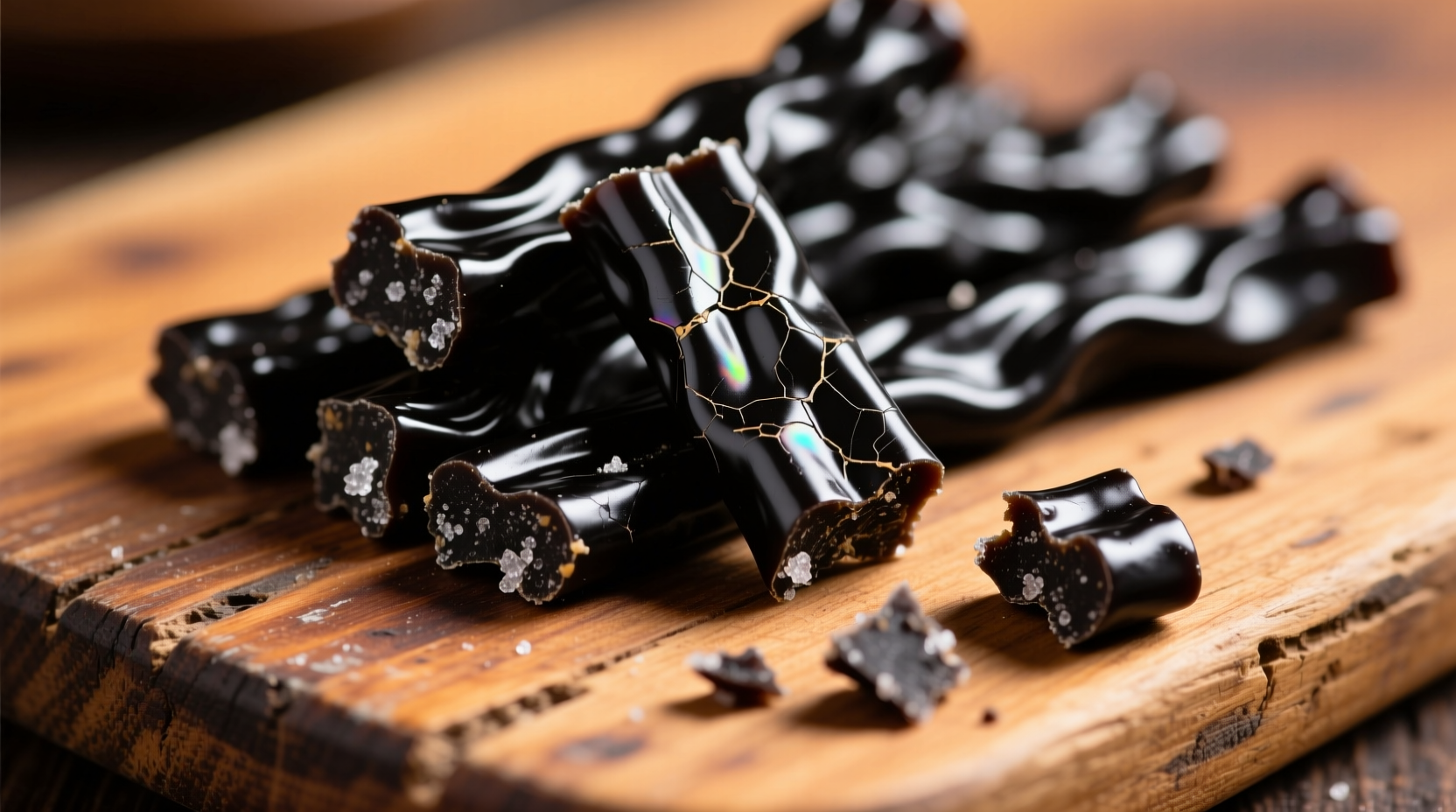 Close-up of authentic black licorice pieces on wooden board