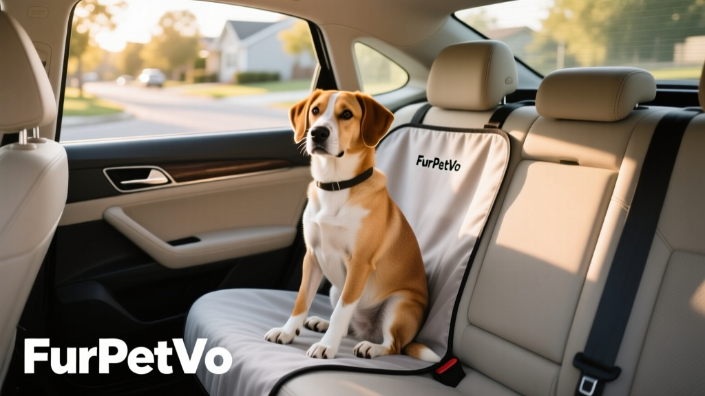 FurPetVo branded car seat cover installed on back seat with dog sitting calmly