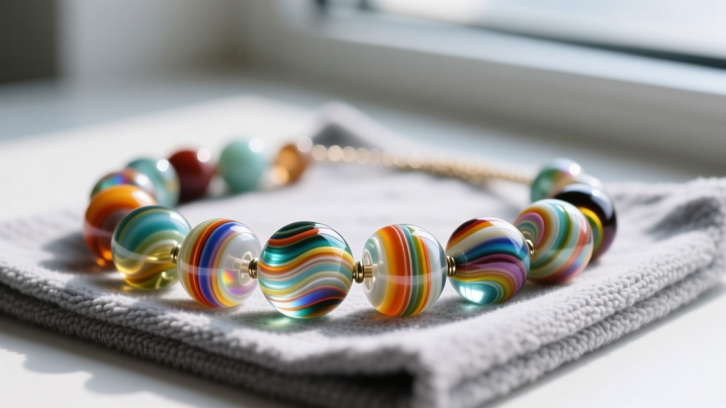 Close-up of vibrant handmade lampwork glass and polymer clay necklace beads laid out on a soft gray microfiber cleaning cloth.
