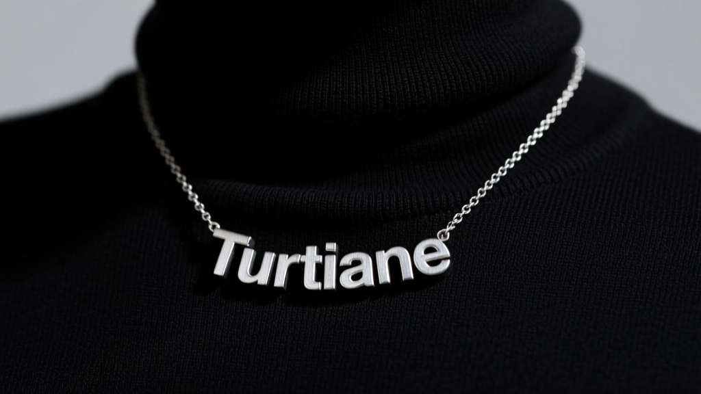 Oxidized sterling silver block-letter personalized name necklace over a black turtleneck, close-up shot in moody studio lighting.