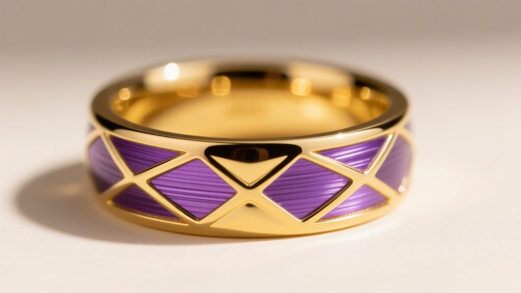 Close-up of purple gold inlay inside a yellow gold ring, revealing the metallic violet hue and a smooth, highly polished surface