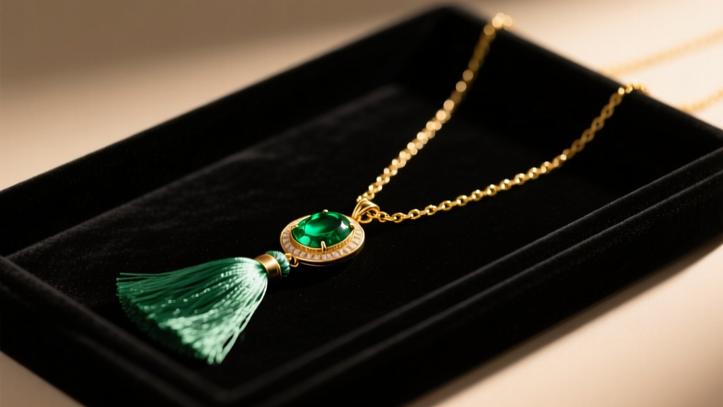 Gold chain necklace featuring an emerald silk tassel pendant resting on a dark velvet display tray under soft warm studio lighting