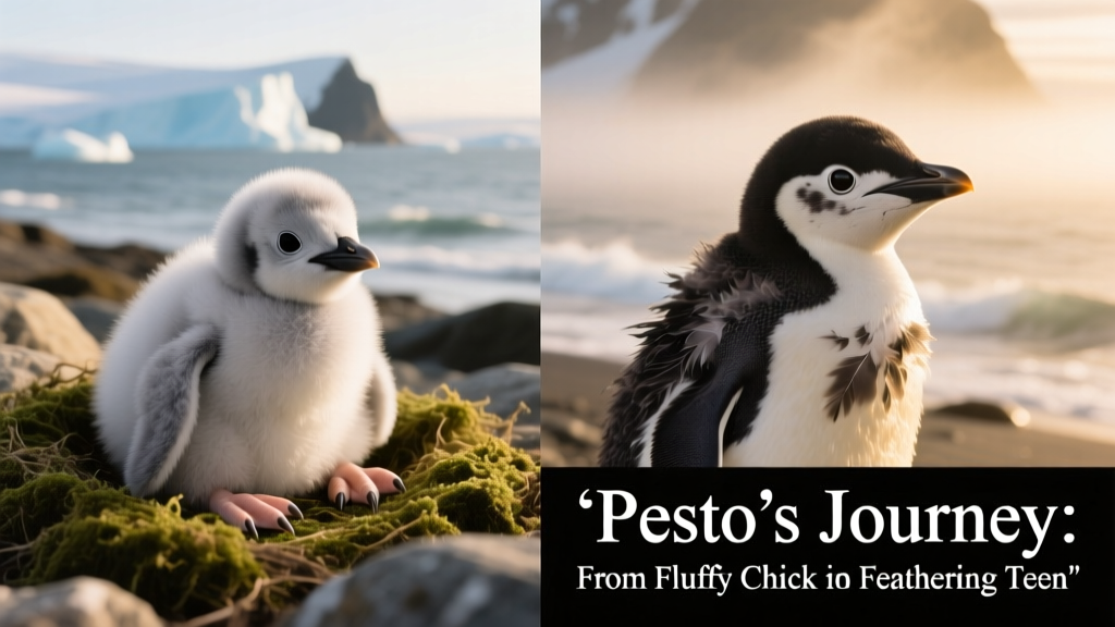 Side-by-side comparison showing Pesto as a fluffy chick versus his current transitional feathering