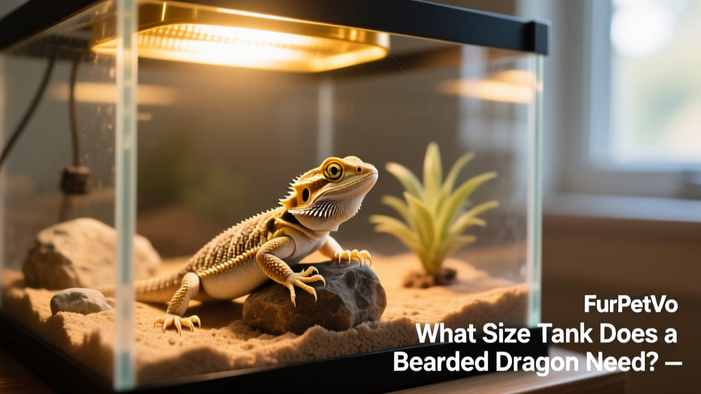 Hatchling bearded dragon basking under a heat lamp in a clean, appropriately sized 40-gallon FurPetVo terrarium