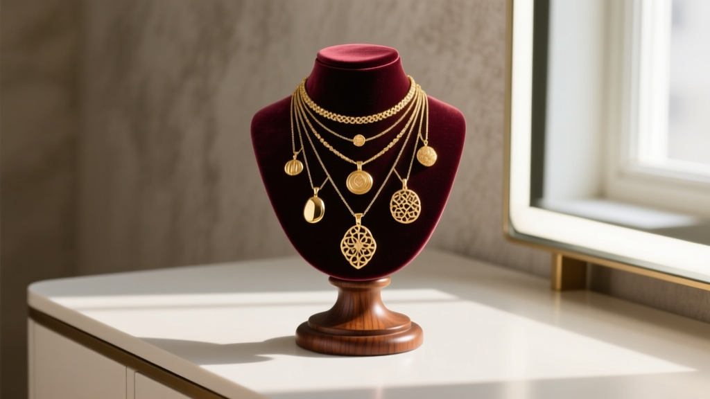 A lit vanity table featuring a velvet-lined wooden jewelry necklace display bust holding a layered gold pendant collection.