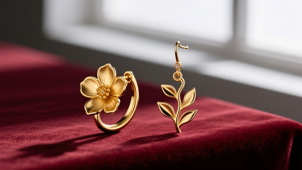 Close-up side profile comparing a bent 24k gold floral petal earring next to a rigid 14k gold botanical dangle earring on velvet