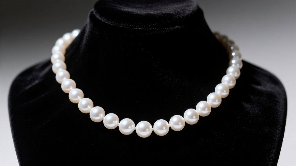 Vintage 1960s white Akoya pearl necklace on dark velvet under dramatic chiaroscuro lighting, evoking mid-century cinematic suspense.