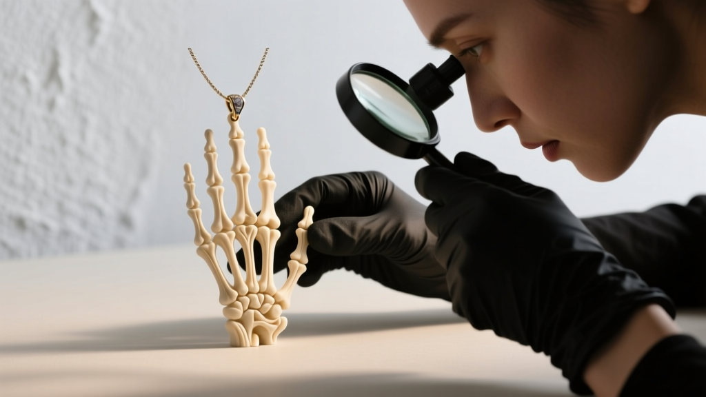 Jeweler examining a raw 3D printed wax model of an anatomical five-finger skeleton hand pendant before the lost-wax casting process