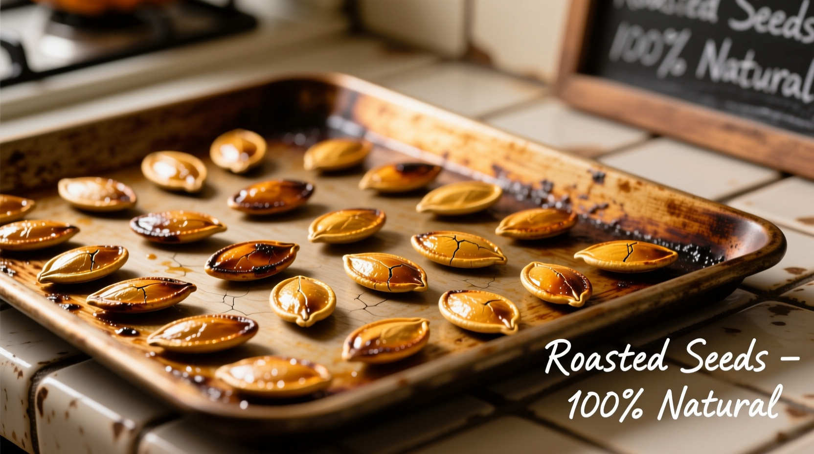 Golden roasted pumpkin seeds spread on baking sheet