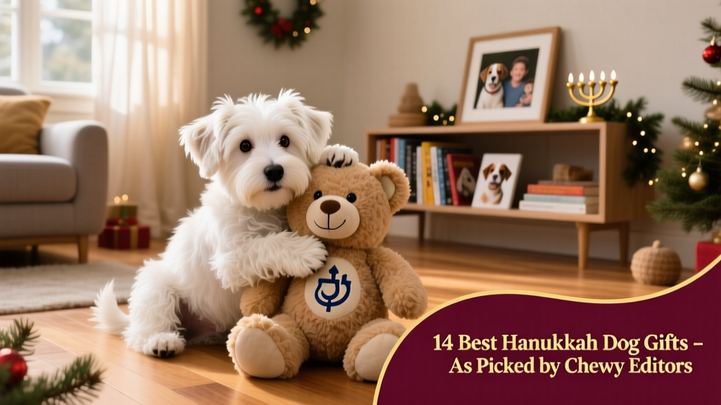 A fluffy terrier puppy hugging a plush teddy bear toy with a subtle dreidel pattern on its chest