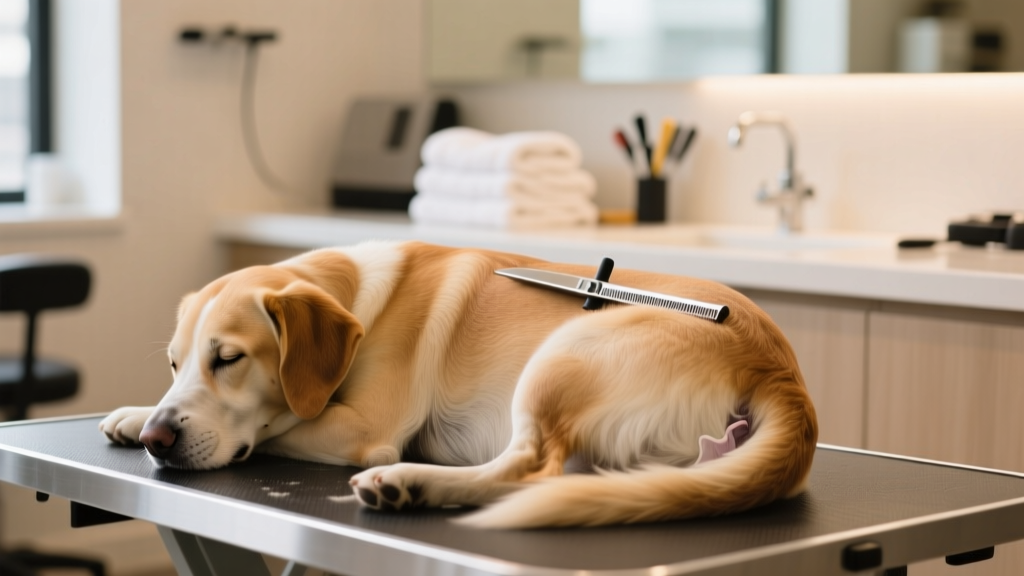 Close-up of a calm dog lying on a grooming table, with gentle lighting highlighting the rear area