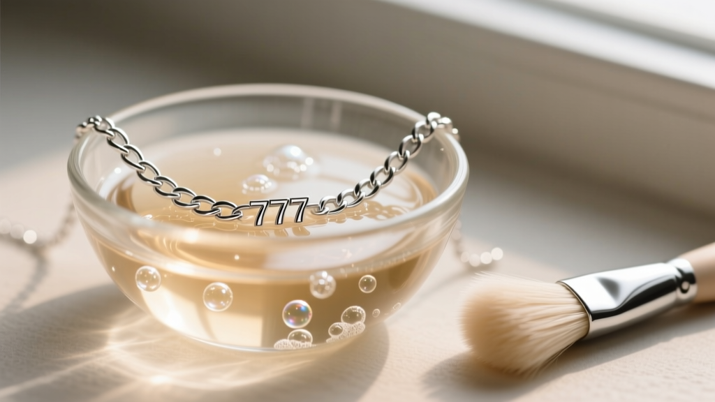 A sterling silver 777 chain necklace submerged in a small glass bowl of warm soapy water next to a soft bristle jewelry brush