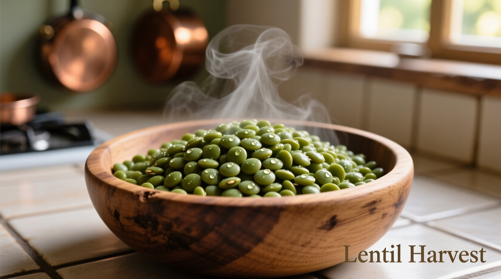 Nahaufnahme gekochter grüner Linsen in Holzschüssel