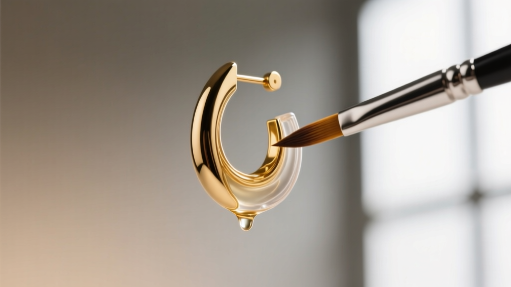 Macro shot of a thin gold-tone fashion earring post being coated with clear polymer barrier using a fine precision brush.