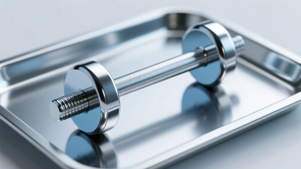 Calipers measuring the 8mm diameter and 1.2mm gauge of a polished niobium horseshoe barbell resting on a sterile metal tray