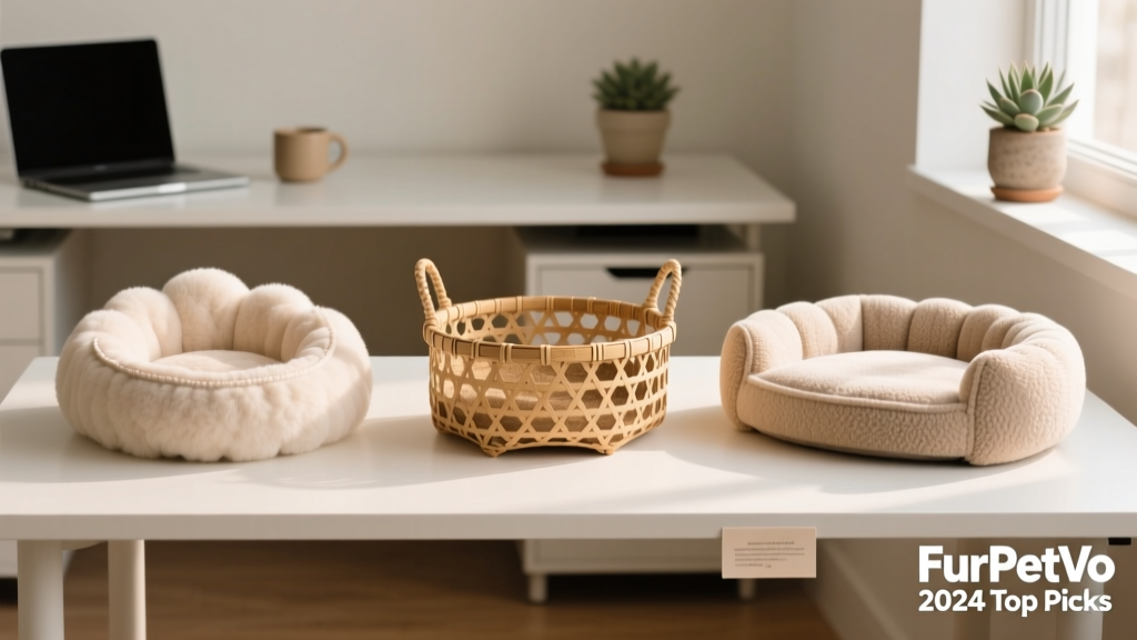 Three different FurPetVo desk cat beds arranged side-by-side on a clean white desk: a round nest, a woven basket, and a low-profile cushion with raised edges