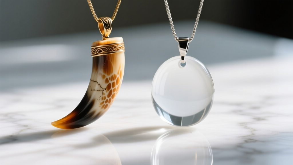 Carved horn pendant showing natural grain lines next to a flawless synthetic resin imitation pendant on a white marble surface.