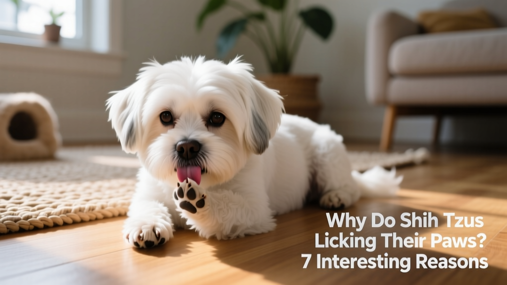 Close-up of a white Shih Tzu resting calmly on the floor, gently licking one front paw