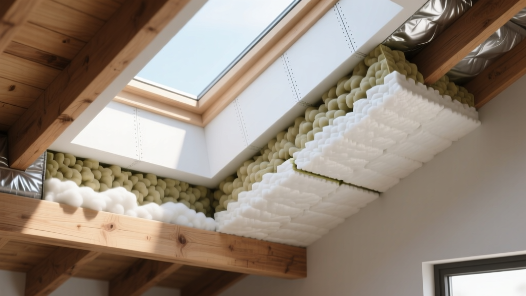 Cross-section of a modern residential roof showing layered polyiso rigid foam boards and closed-cell spray foam between wooden rafters