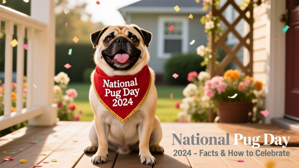 A happy pug sitting upright with tongue out, wearing a festive bandana