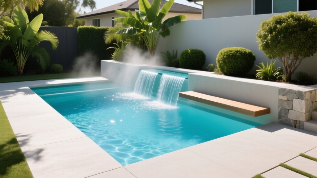 Rectangular fiberglass plunge pool with integrated sun shelf and sheer descent waterfalls in a compact suburban backyard.