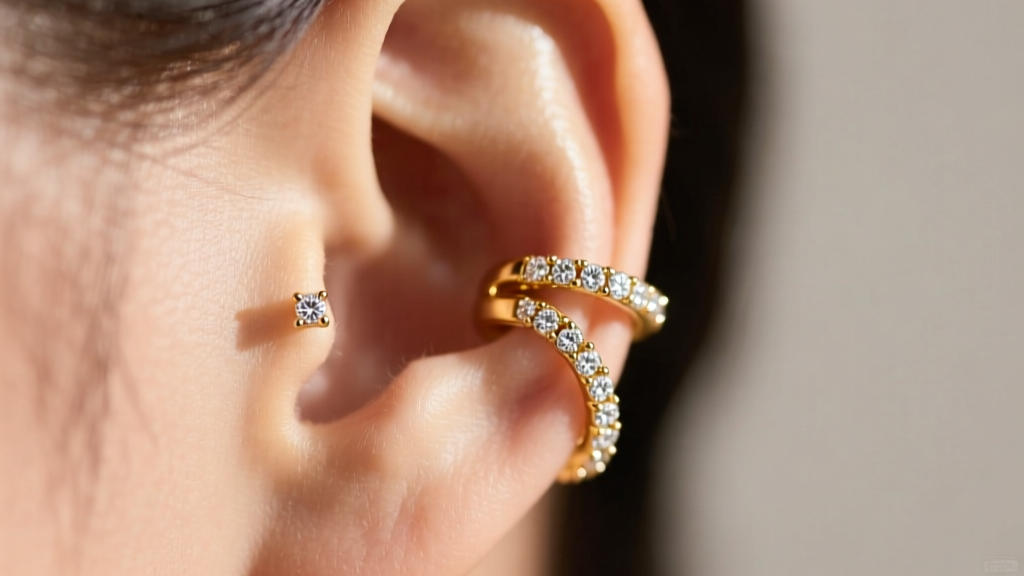 Close-up of an 18k gold cartilage cuff earring wrapping around the upper helix with a pavé diamond chain drape in soft lighting