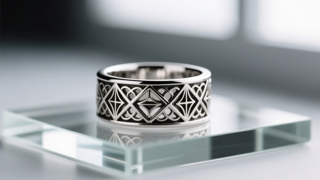 Macro shot of Art Deco platinum filigree ring showing preserved dark oxidation in engraving grooves on a glass appraisal tray