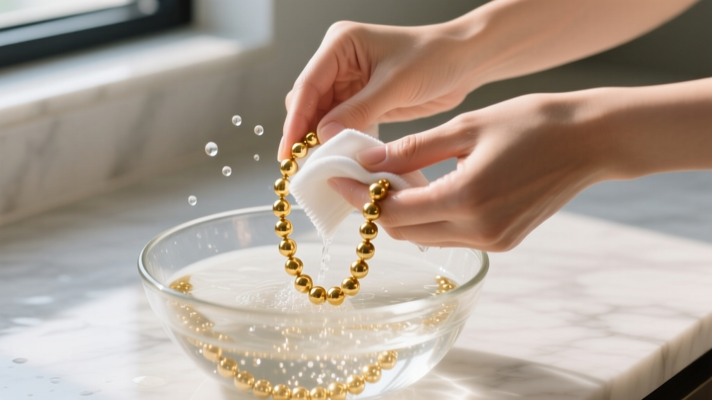 Hands washing a gold-plated beaded necklace in a glass bowl of soapy water, gently wiping the beads with a soft microfiber cloth.