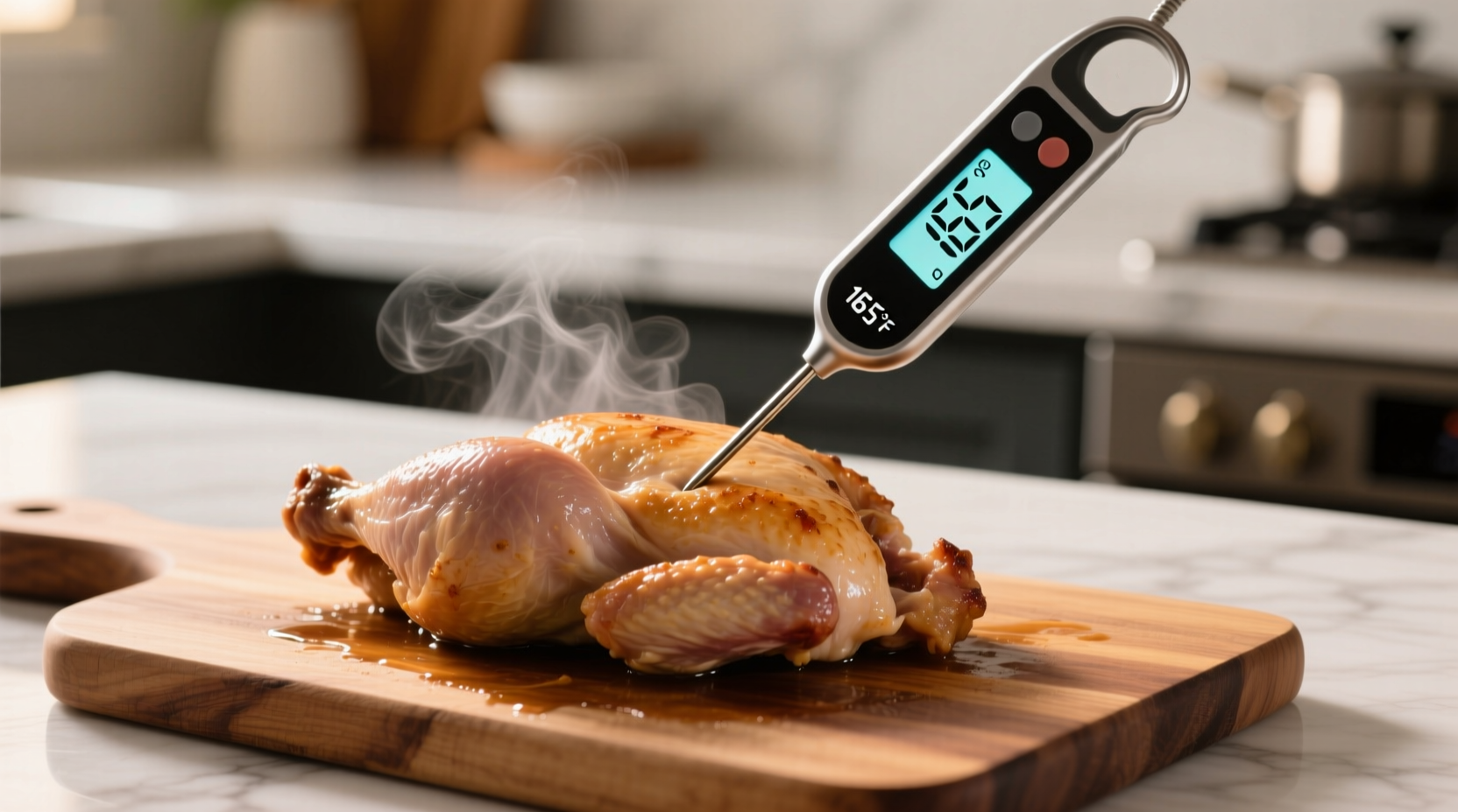 Digital meat thermometer measuring chicken breast temperature